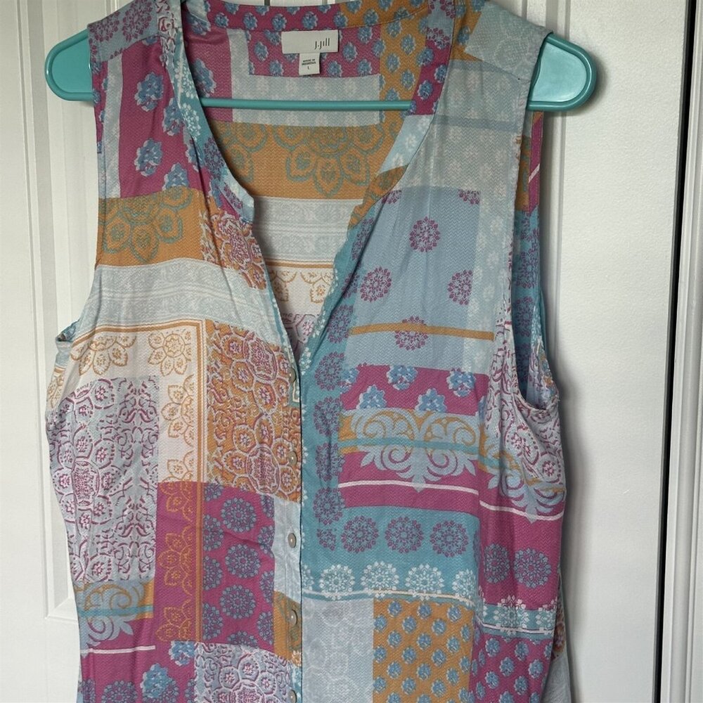 J. Jill patchwork sleeveless button down collarless blouse tunic Womens Large - Picture 2 of 8